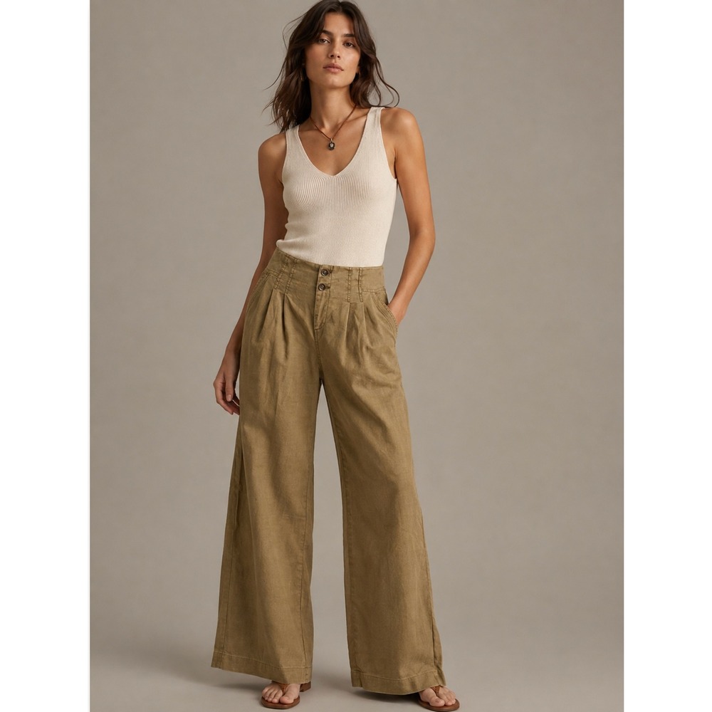 Sundance Wide Leg Linen Blend Pants 12 Tan Pleated Boho Coastal Luxury Earthy